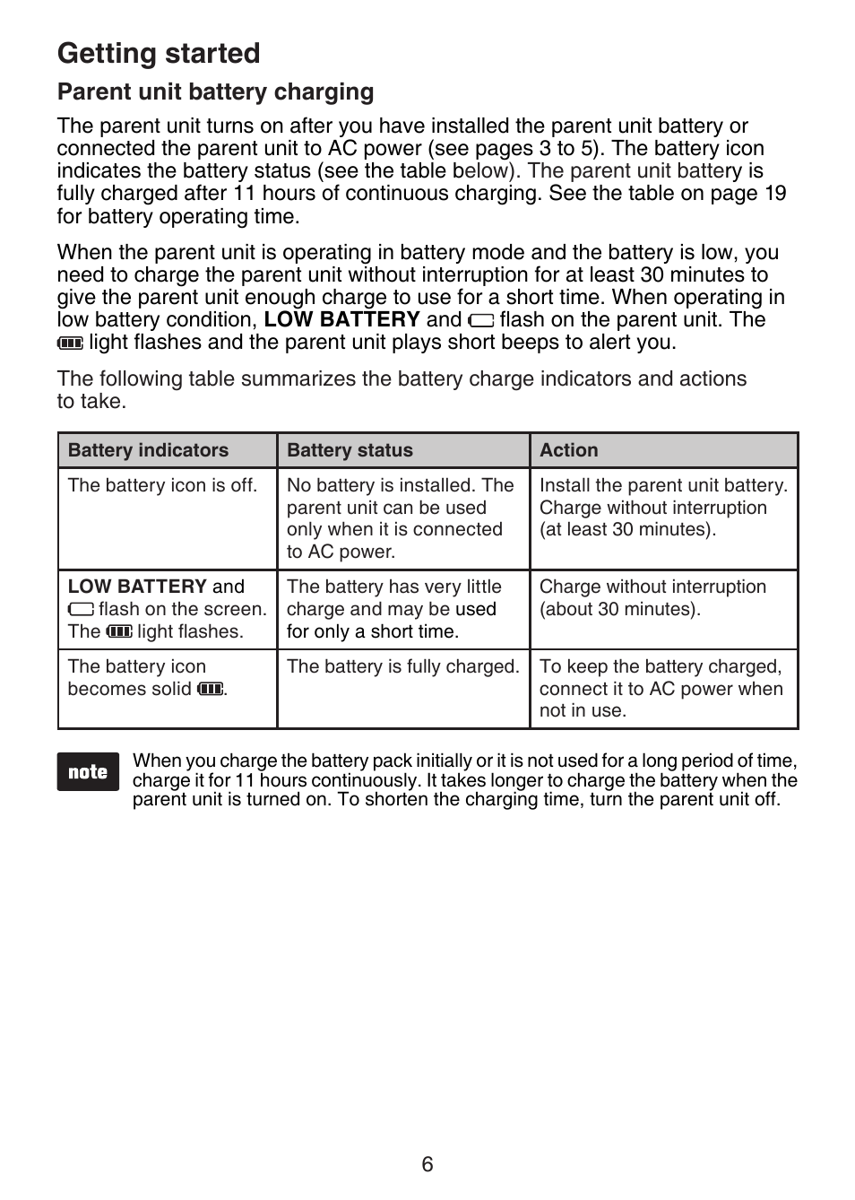 Parent unit battery charging, Getting started | VTech DM221-2 Manual User Manual | Page 13 / 39
