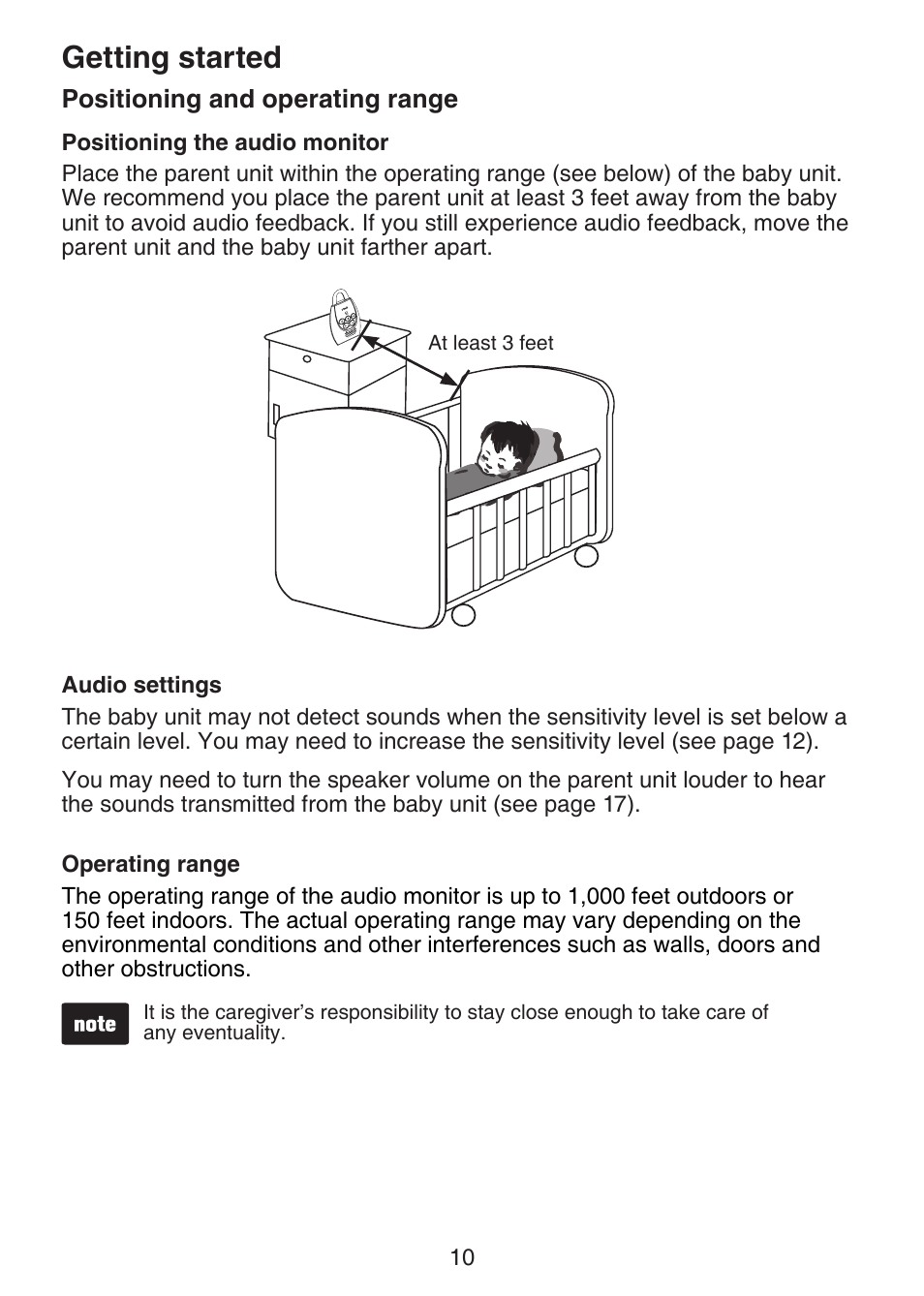 Positioning and operating range, Positioning the audio monitor, Audio settings | Operating range, Getting started | VTech DM221-2 Manual User Manual | Page 17 / 39