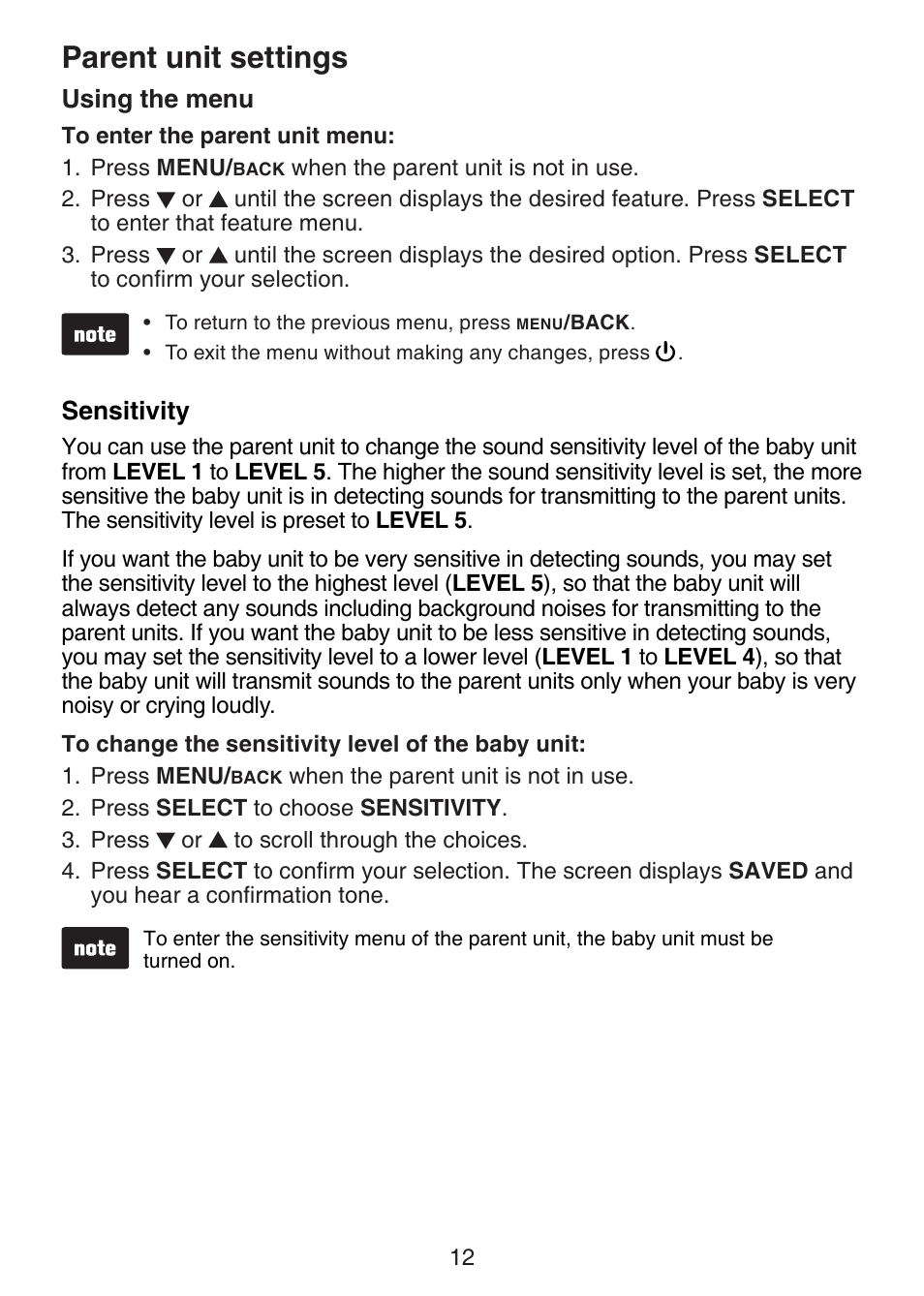 Parent unit settings, Using the menu, Sensitivity | Parent unit settings using the menu | VTech DM221-2 Manual User Manual | Page 19 / 39