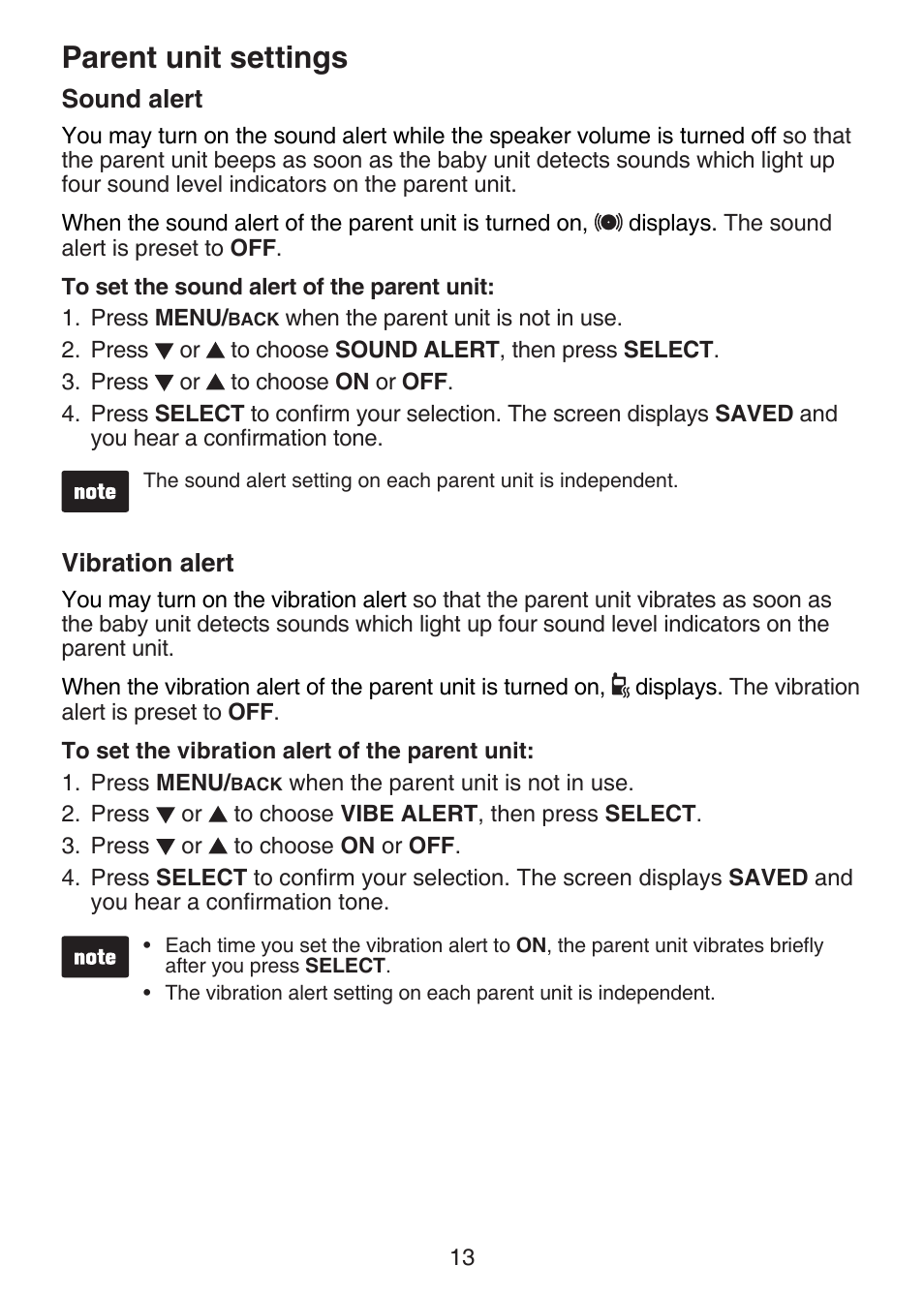 Sound alert, Vibration alert, Parent unit settings | VTech DM221-2 Manual User Manual | Page 20 / 39