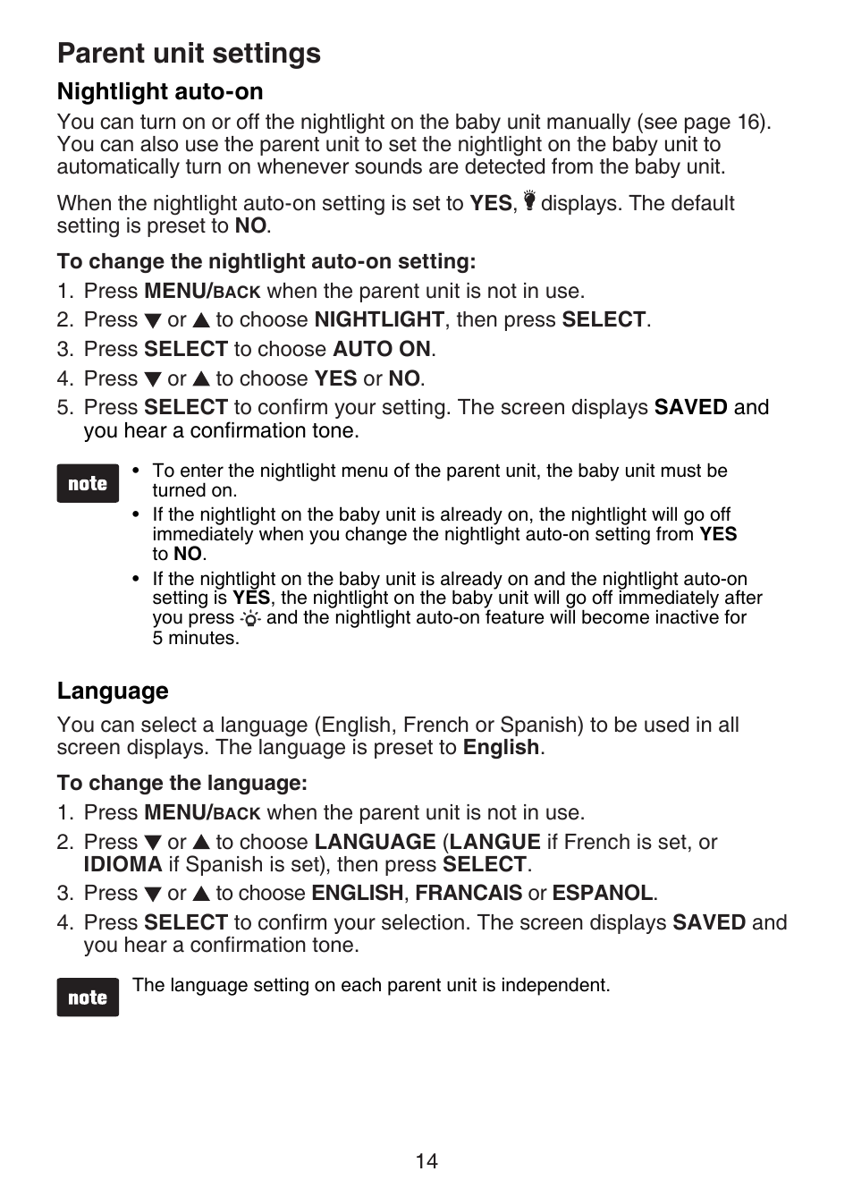 Nightlight auto-on, Language, Parent unit settings | VTech DM221-2 Manual User Manual | Page 21 / 39