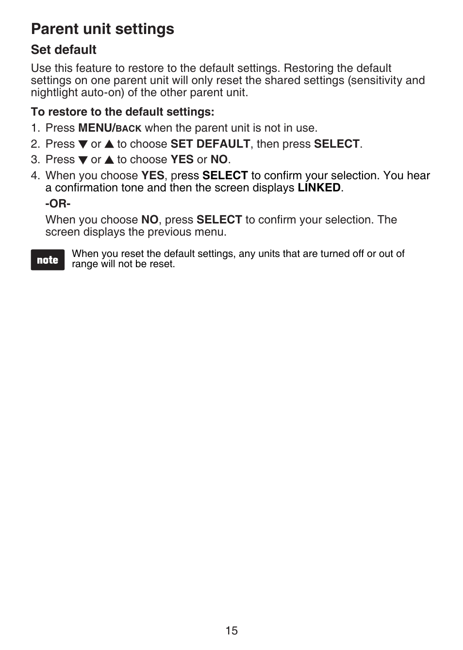 Set default, Parent unit settings | VTech DM221-2 Manual User Manual | Page 22 / 39