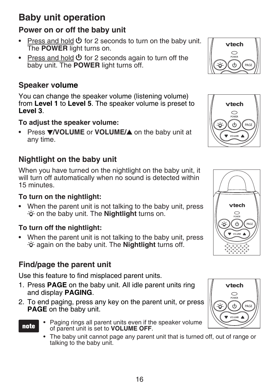 Baby unit operation, Power on or off the baby unit, Speaker volume | Nightlight on the baby unit, Baby unit operation power on or off the baby unit, Speaker v, Olume | VTech DM221-2 Manual User Manual | Page 23 / 39