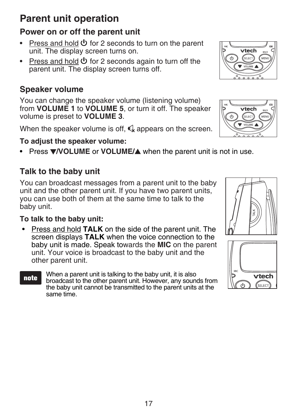 Parent unit operation, Power on or off the parent unit, Speaker volume | Talk to the baby unit | VTech DM221-2 Manual User Manual | Page 24 / 39