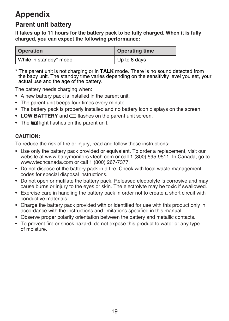 Parent unit battery, Appendix | VTech DM221-2 Manual User Manual | Page 26 / 39