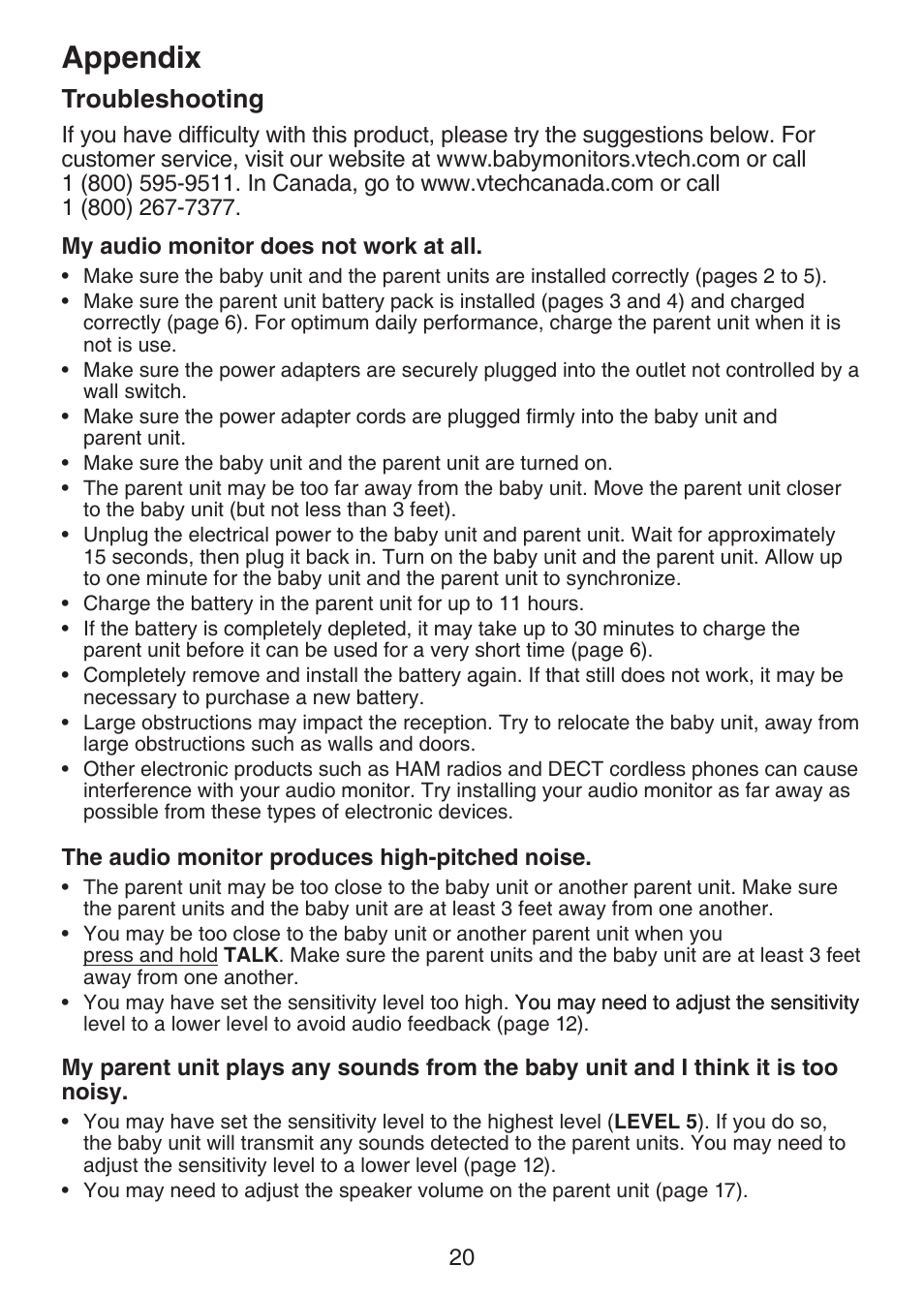 Troubleshooting, Appendix | VTech DM221-2 Manual User Manual | Page 27 / 39