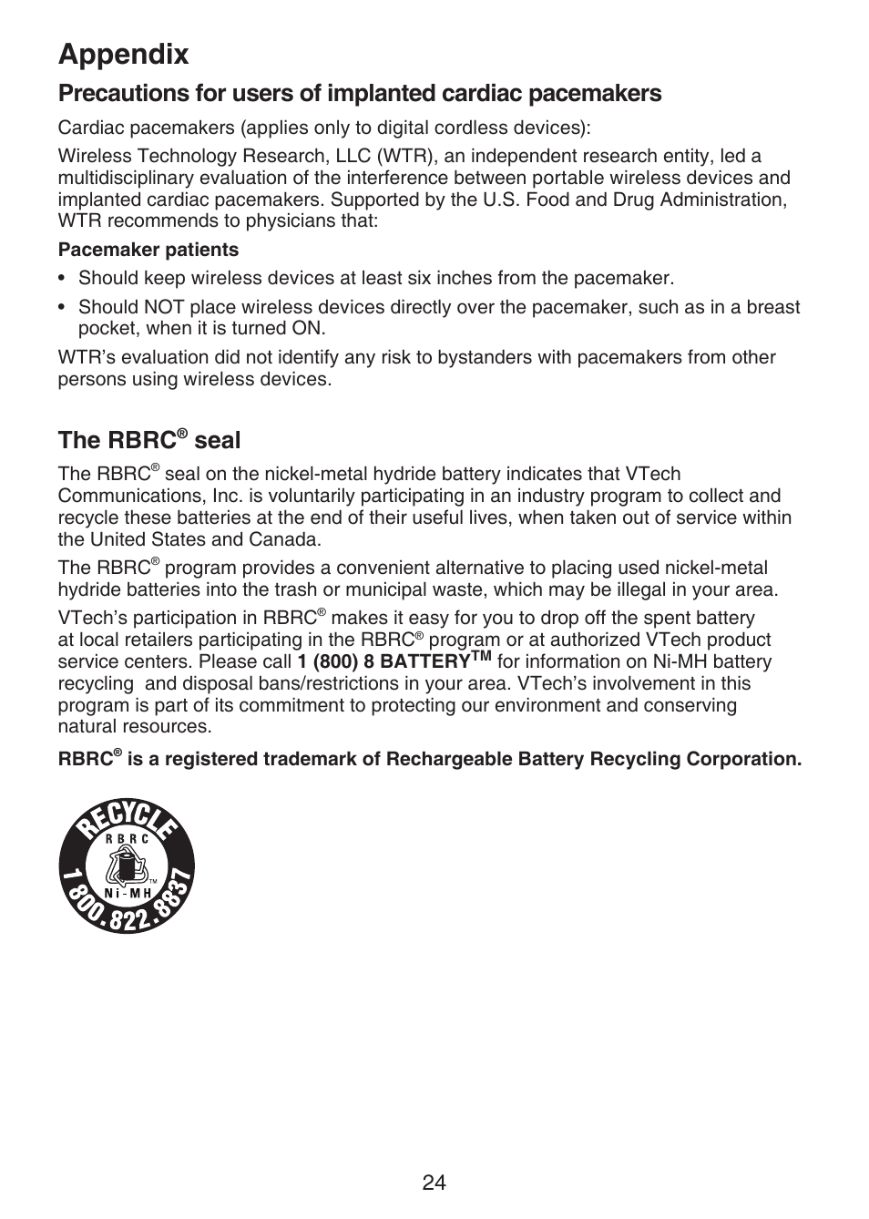 The rbrc® seal, Precautions for users of implanted, Cardiac pacemakers | The rbrc, Seal, Appendix | VTech DM221-2 Manual User Manual | Page 31 / 39