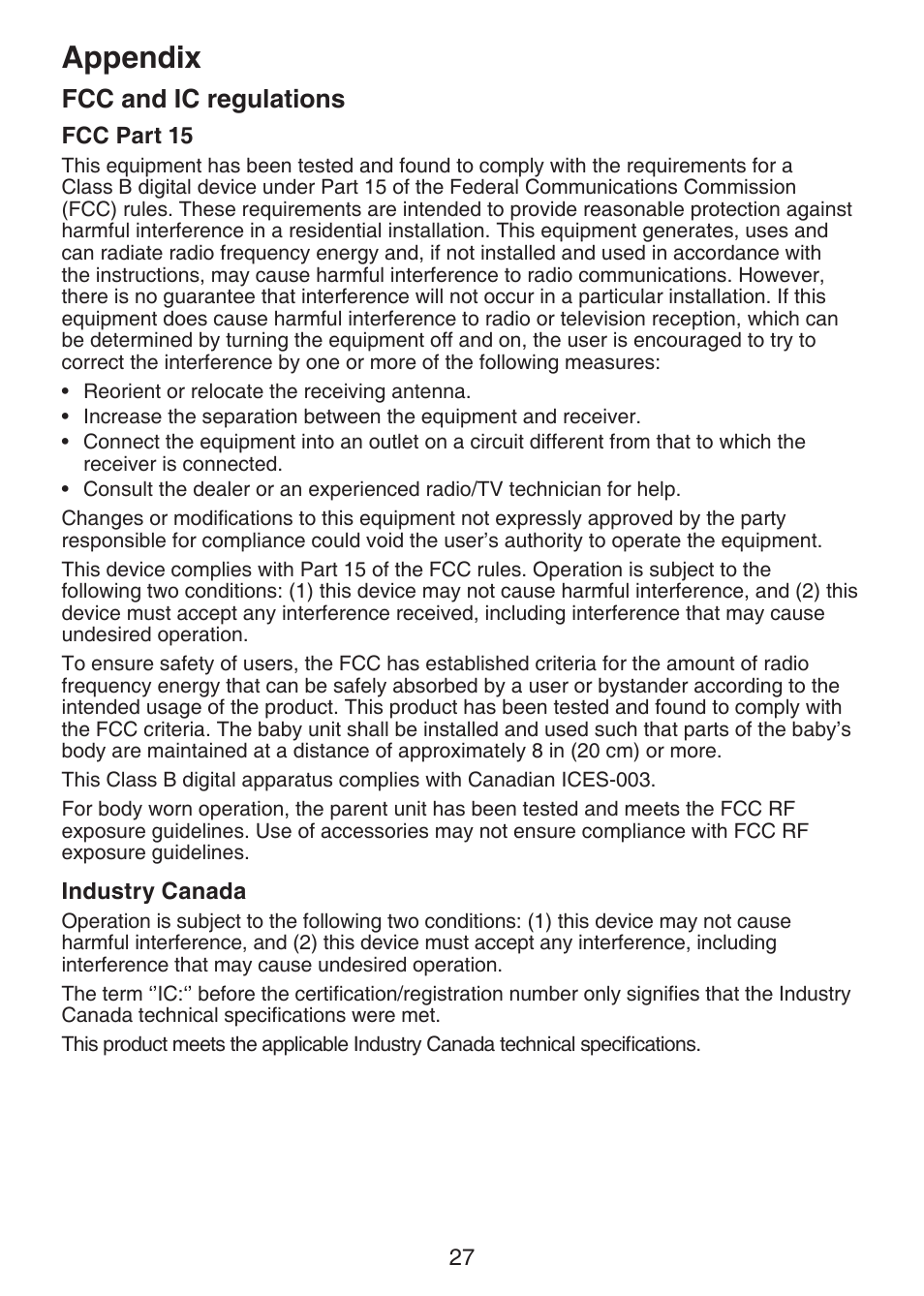 Fcc and ic regulations, Fcc part 15, Industry canada | Appendix | VTech DM221-2 Manual User Manual | Page 34 / 39