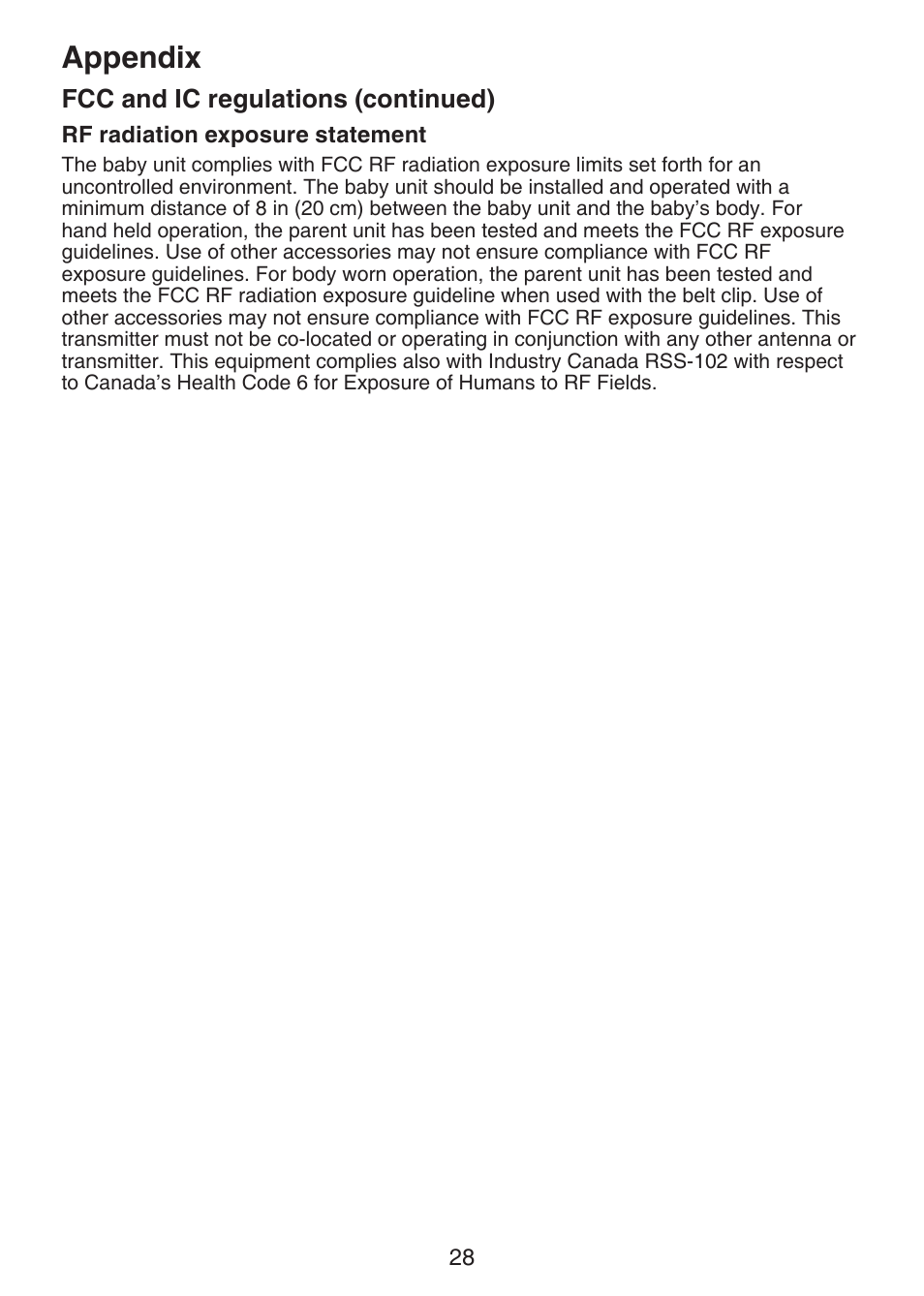 Rf radiation exposure statement, Rf radiation exposure, Statement | Appendix, Fcc and ic regulations (continued) | VTech DM221-2 Manual User Manual | Page 35 / 39