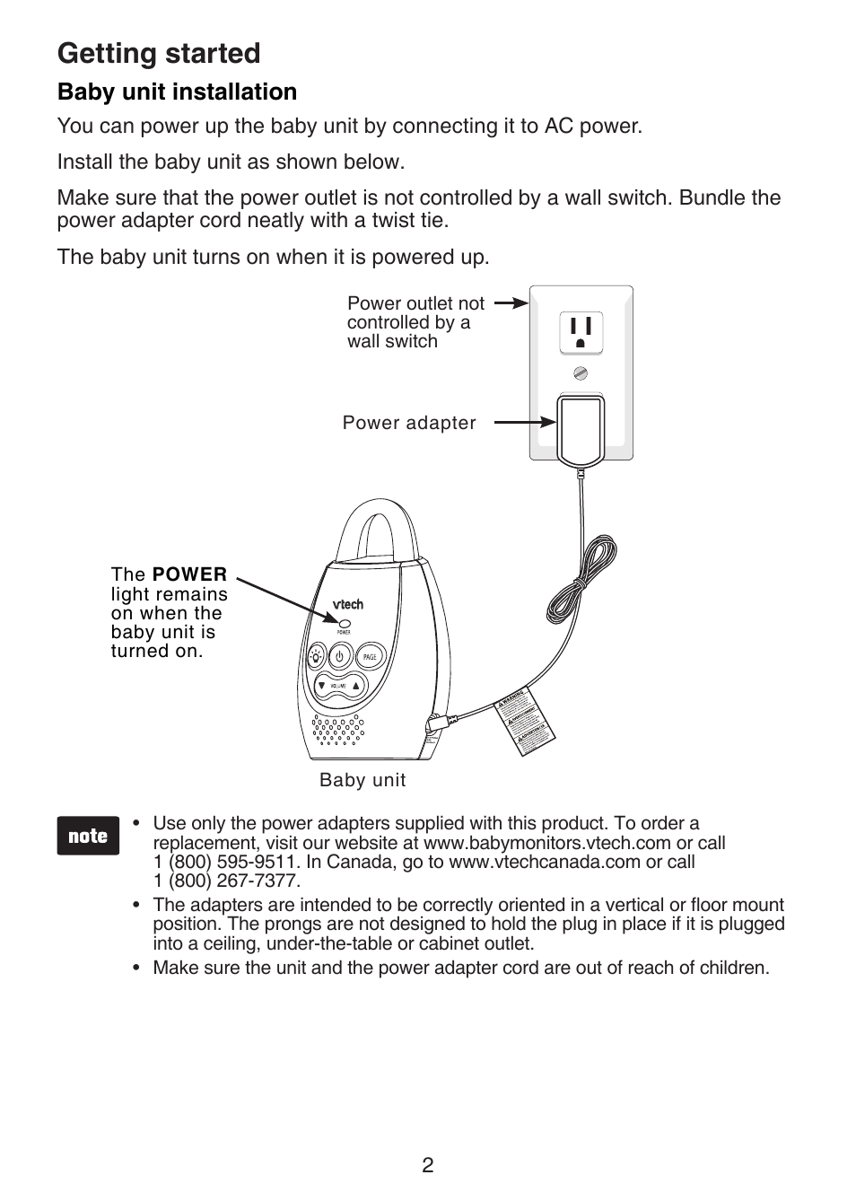 Baby unit installation, Getting started | VTech DM221-2 Manual User Manual | Page 9 / 39