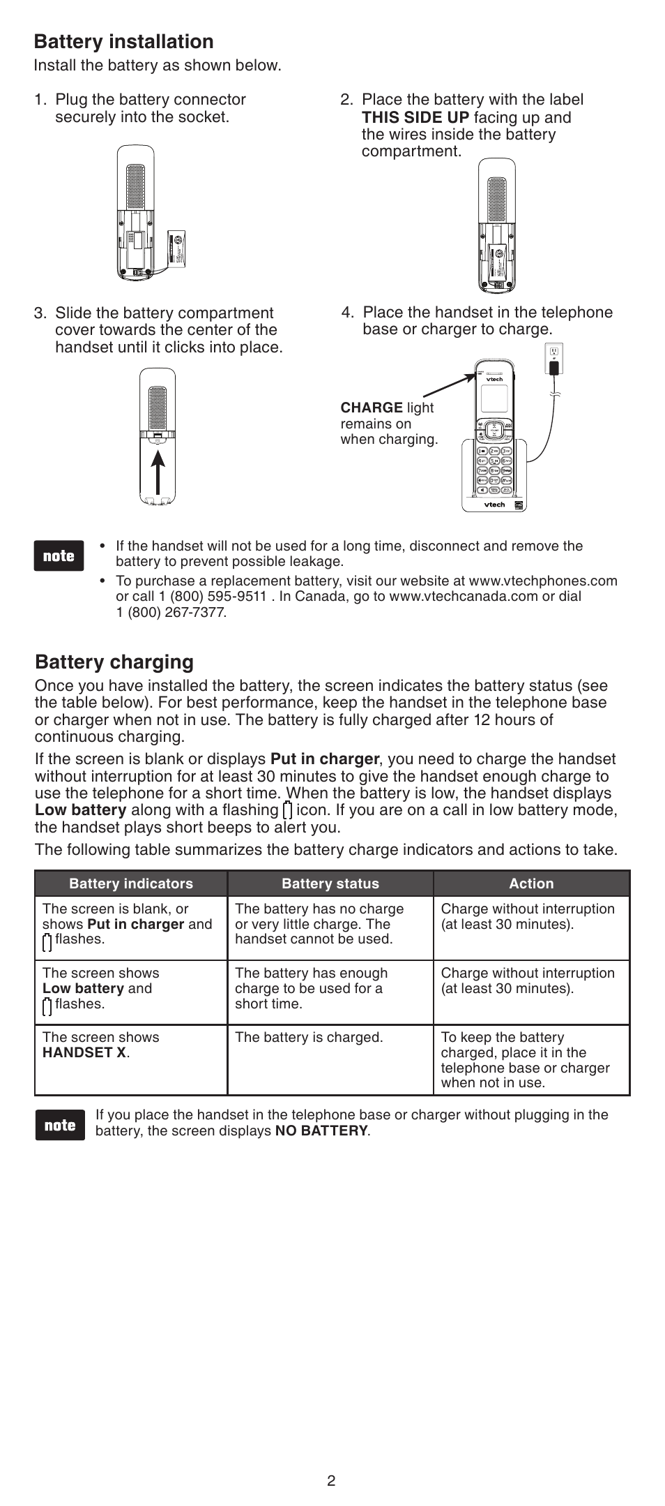 Battery installation, Battery charging | VTech DS6501_-12-15-16 Manual User Manual | Page 2 / 8