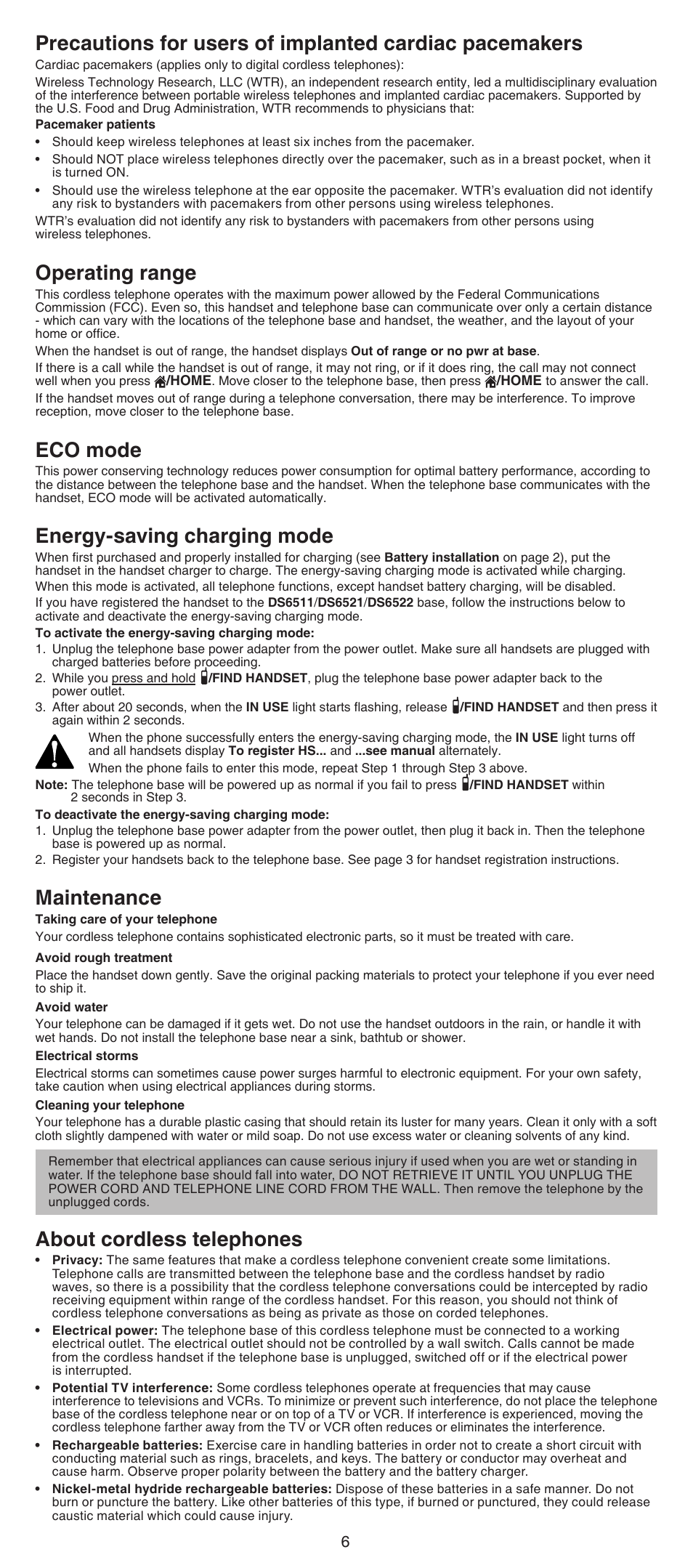 Operating range, Eco mode, Energy-saving charging mode | Maintenance, About cordless telephones | VTech DS6501_-12-15-16 Manual User Manual | Page 6 / 8