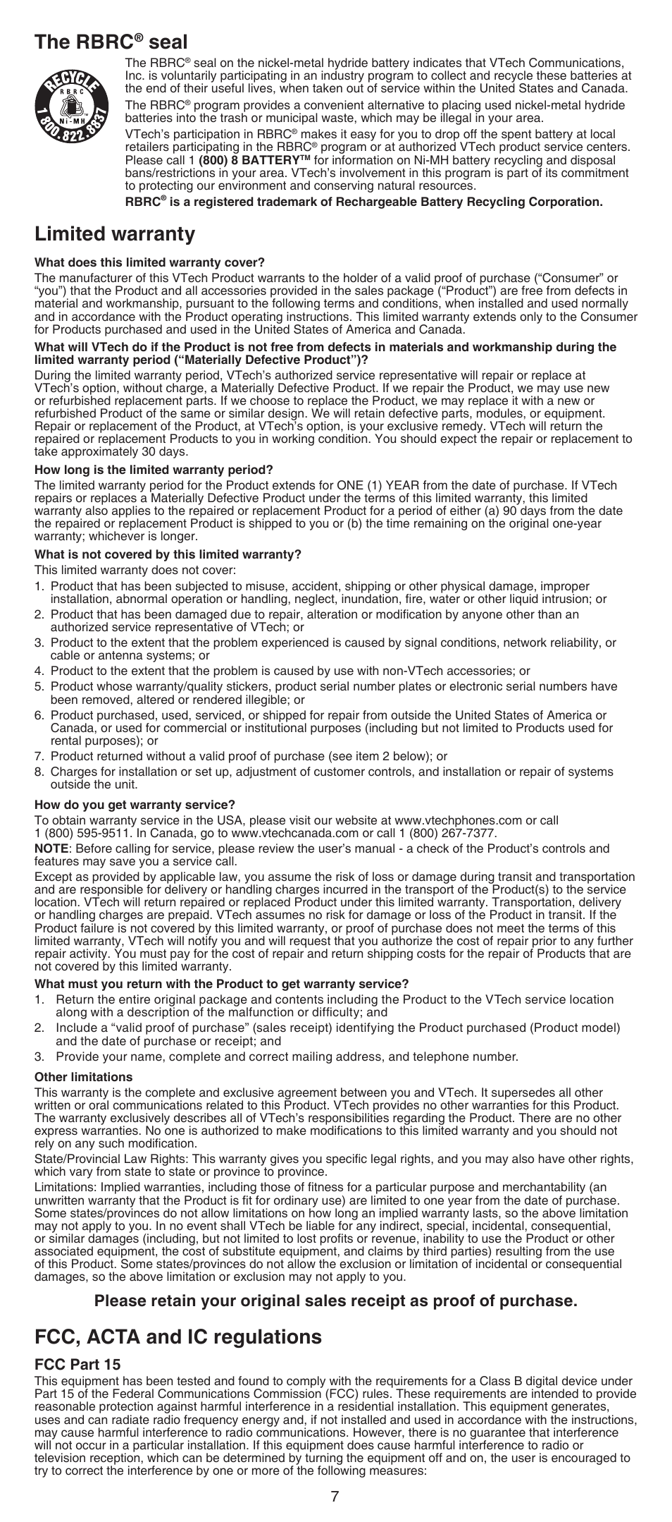 The rbrc, Seal, Limited warranty | Fcc, acta and ic regulations, Fcc part 15 | VTech DS6501_-12-15-16 Manual User Manual | Page 7 / 8