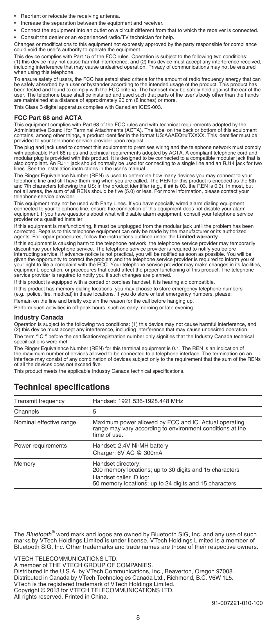 Technical specifications | VTech DS6501_-12-15-16 Manual User Manual | Page 8 / 8