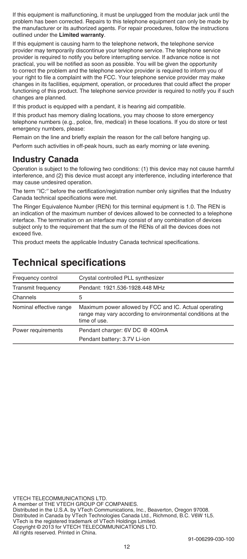 Technical specifications, Industry canada | VTech SN6167 Manual User Manual | Page 12 / 12