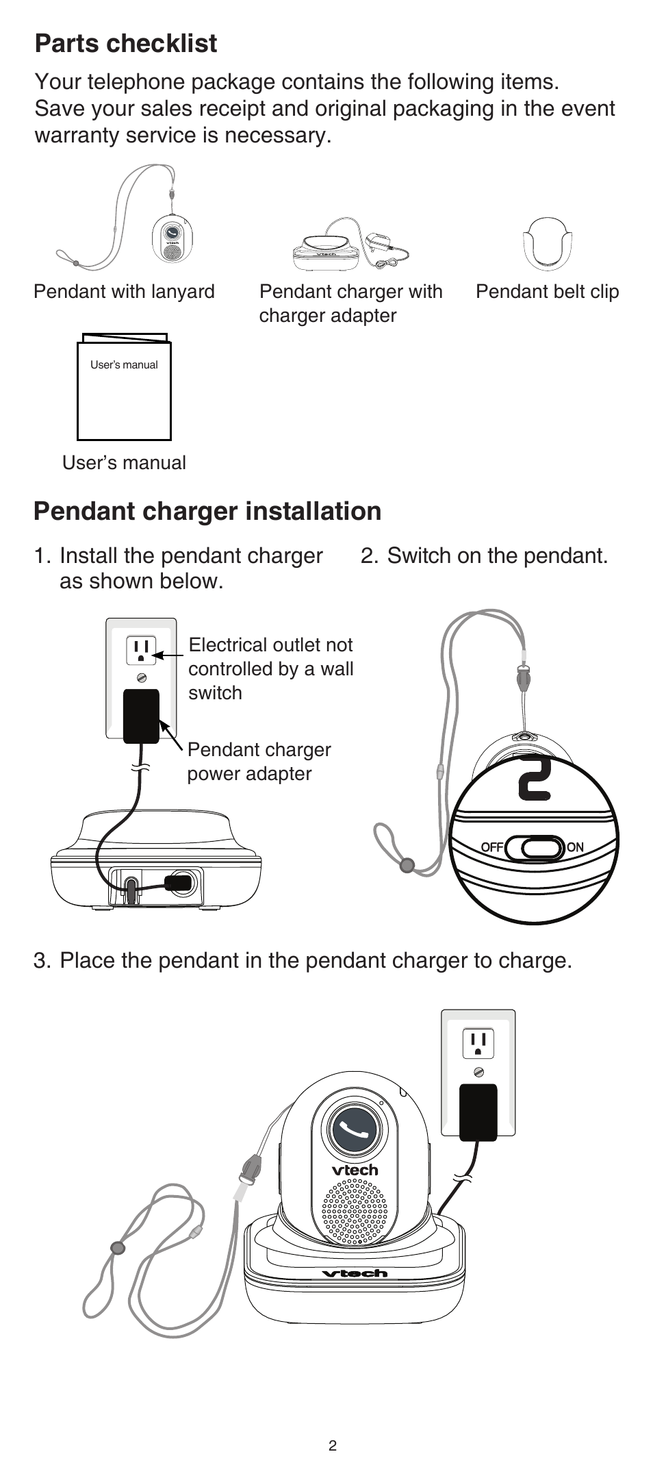Pendant charger installation, Parts checklist | VTech SN6167 Manual User Manual | Page 2 / 12