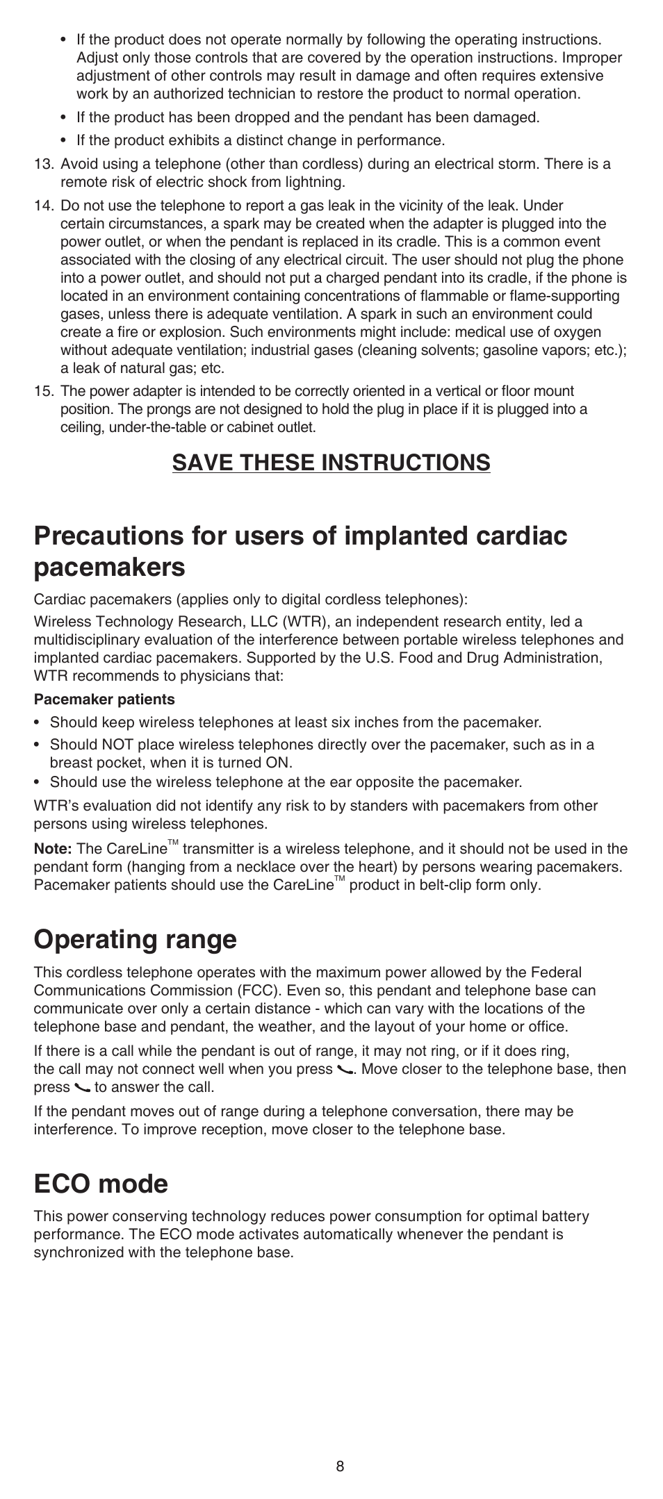 Operating range, Eco mode, Save these instructions | VTech SN6167 Manual User Manual | Page 8 / 12