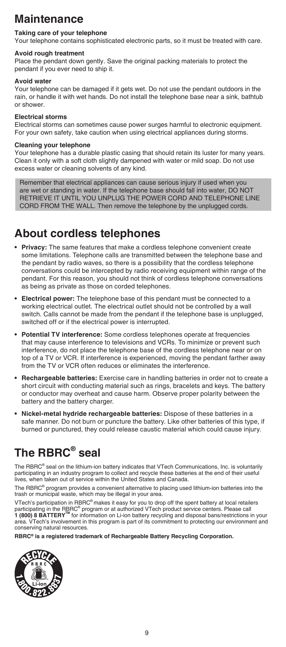 Maintenance, About cordless telephones, The rbrc | Seal | VTech SN6167 Manual User Manual | Page 9 / 12