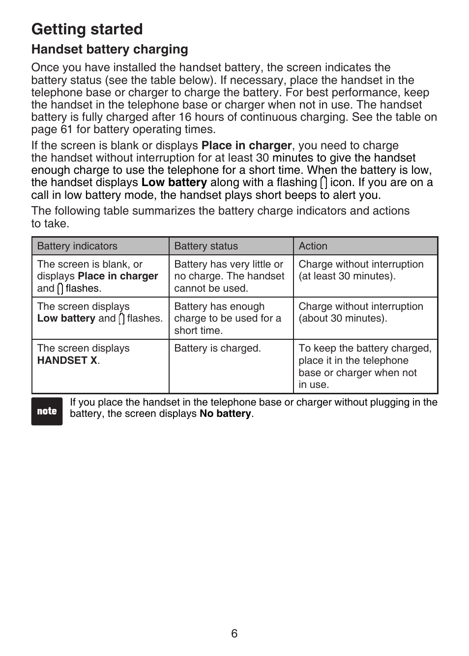 Handset battery charging, Getting started | VTech LS6375-3 Manual User Manual | Page 10 / 89