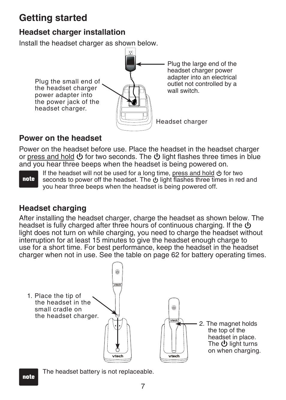 Headset charger installation, Power on the headset, Headset charging | Getting started | VTech LS6375-3 Manual User Manual | Page 11 / 89