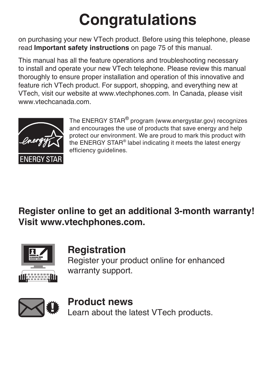 Registration, Product news, Learn about the latest vtech products | VTech LS6375-3 Manual User Manual | Page 2 / 89