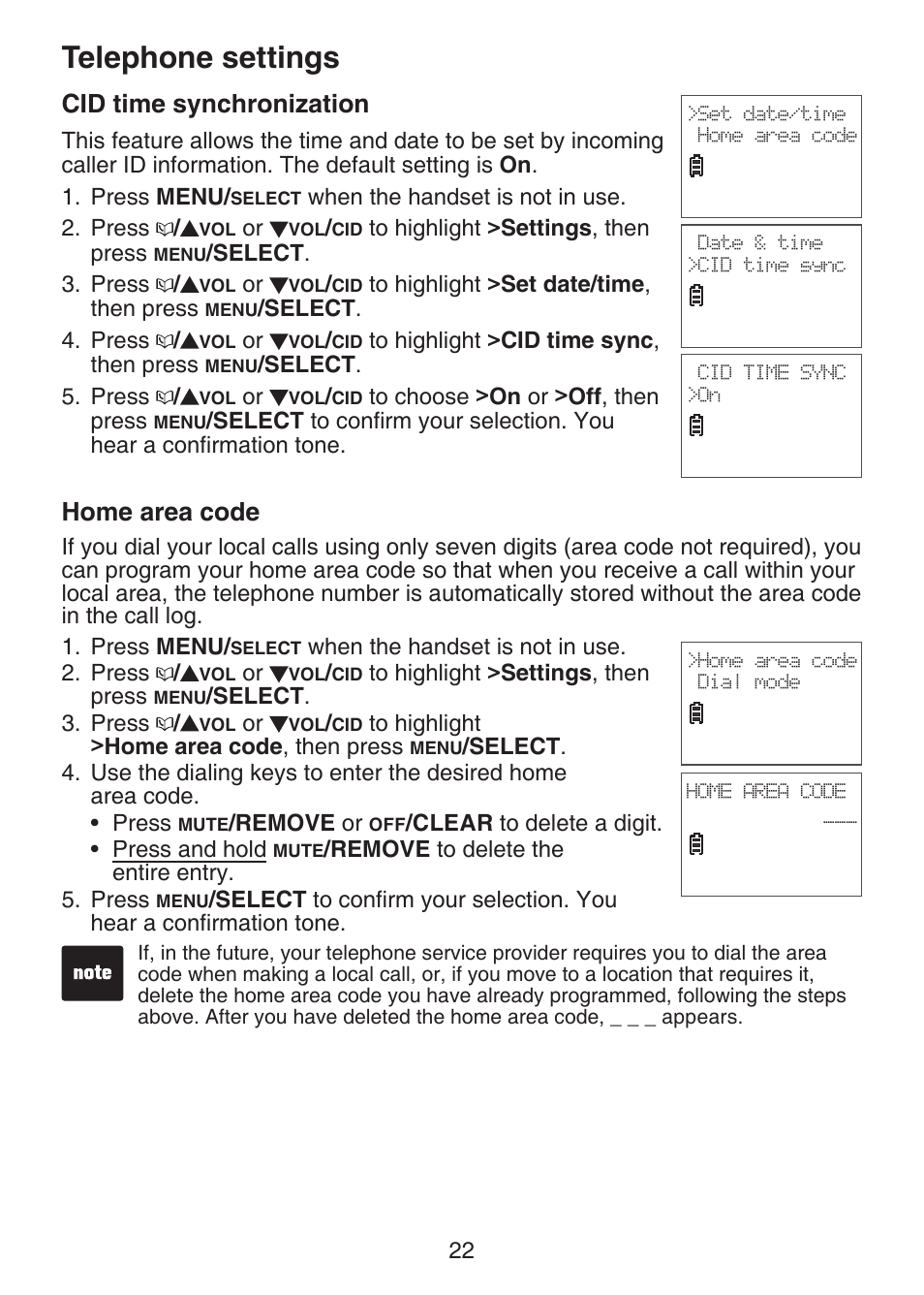 Cid time synchronization, Home area code, Telephone settings | VTech LS6375-3 Manual User Manual | Page 26 / 89