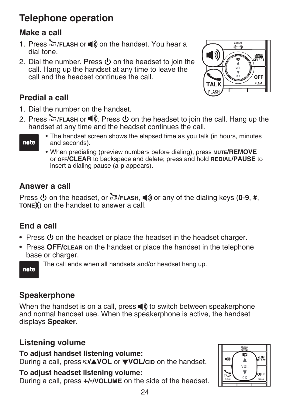 Telephone operation make a call, Predial a call, Answer a call | End a call, Speakerphone, Listening volume, Telephone operation, Make a call | VTech LS6375-3 Manual User Manual | Page 28 / 89