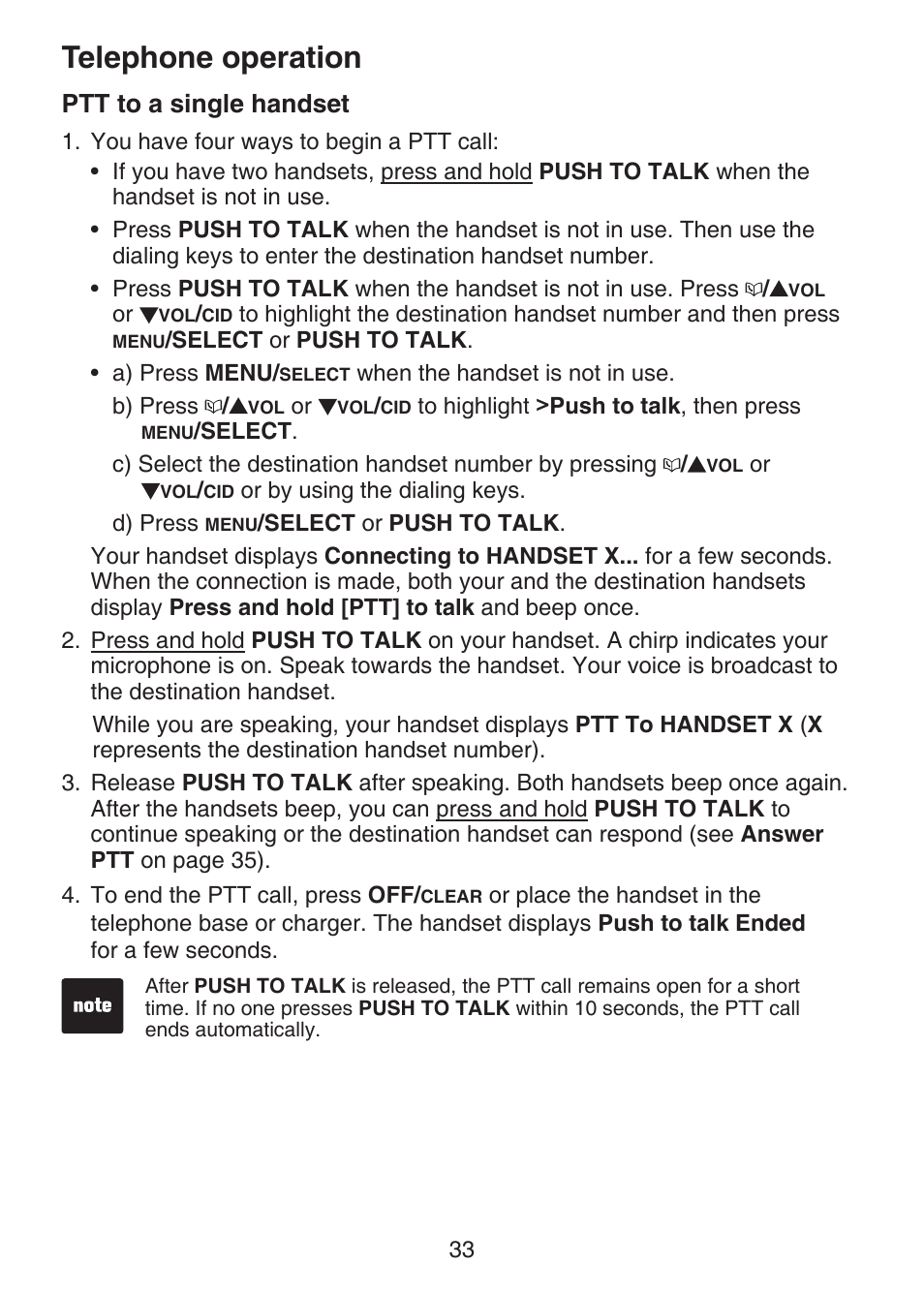 Ptt to a single handset, Telephone operation | VTech LS6375-3 Manual User Manual | Page 37 / 89