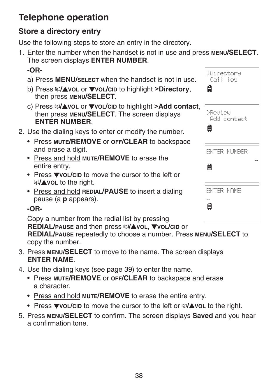 Store a directory entry, Telephone operation | VTech LS6375-3 Manual User Manual | Page 42 / 89
