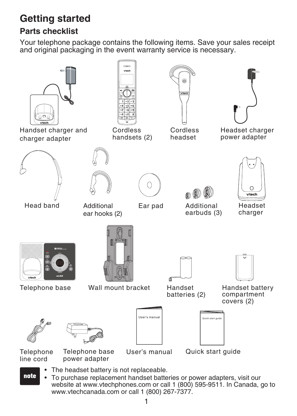 Getting started parts checklist, Getting started, Parts checklist | VTech LS6375-3 Manual User Manual | Page 5 / 89