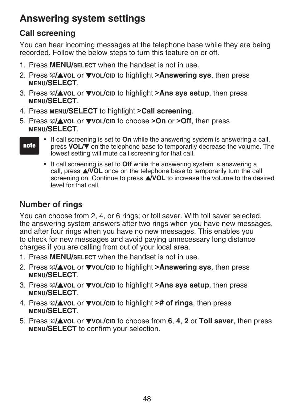 Call screening, Number of rings, Answering system settings | VTech LS6375-3 Manual User Manual | Page 52 / 89