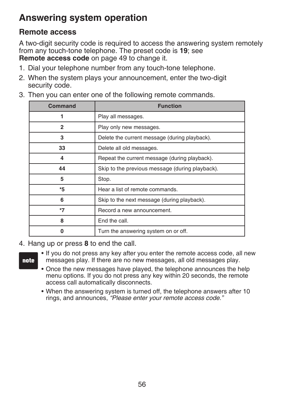 Remote access, Answering system operation | VTech LS6375-3 Manual User Manual | Page 60 / 89