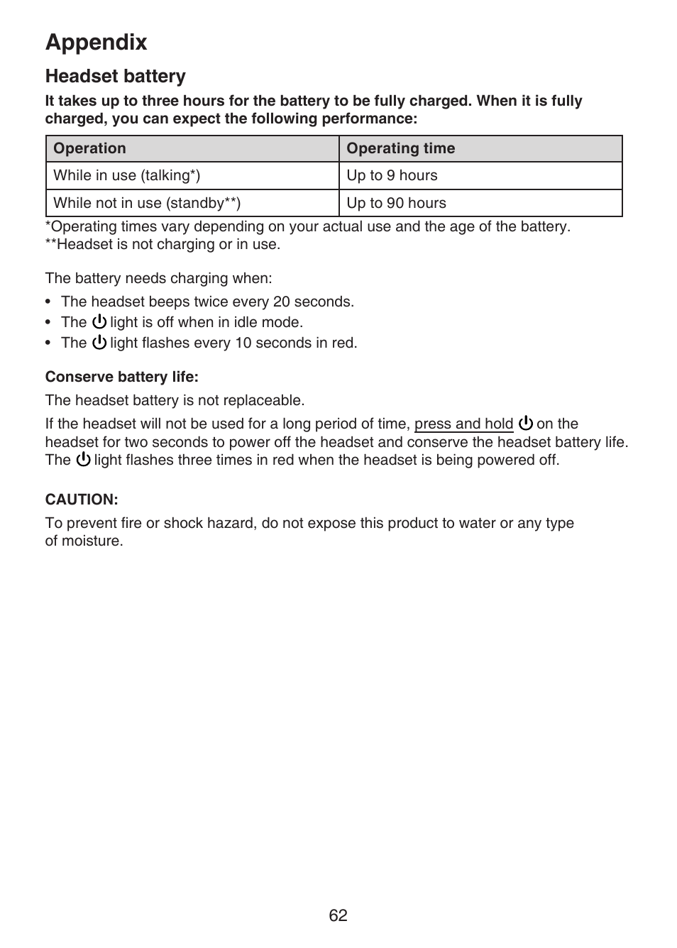 Headset battery, Appendix | VTech LS6375-3 Manual User Manual | Page 66 / 89