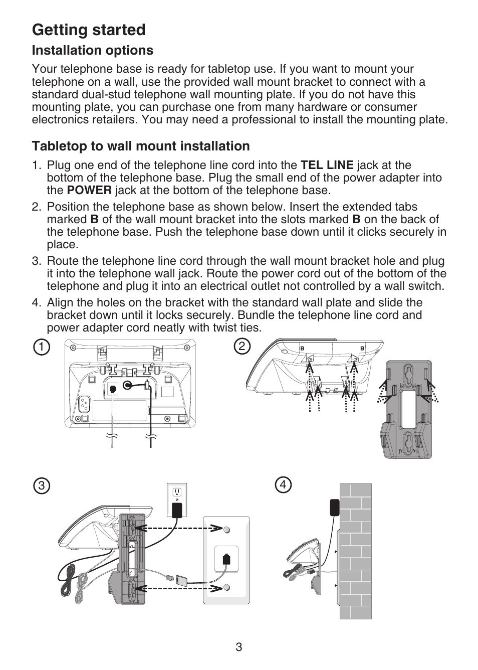 Installation options, Tabletop to wall mount, Installation | Getting started | VTech LS6375-3 Manual User Manual | Page 7 / 89