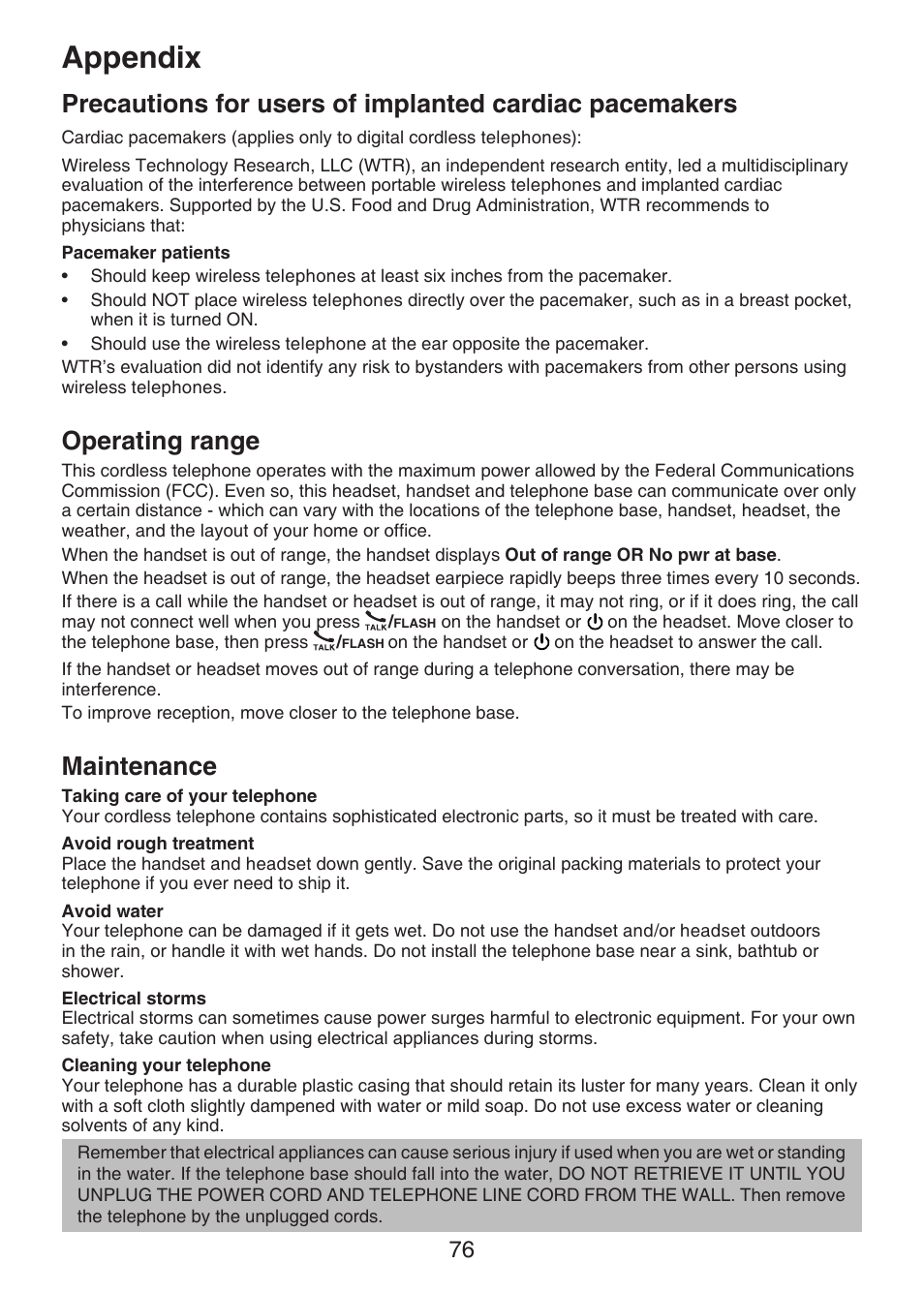 Precautions for users of implanted, Cardiac pacemakers, Operating range | Maintenance, Appendix | VTech LS6375-3 Manual User Manual | Page 80 / 89