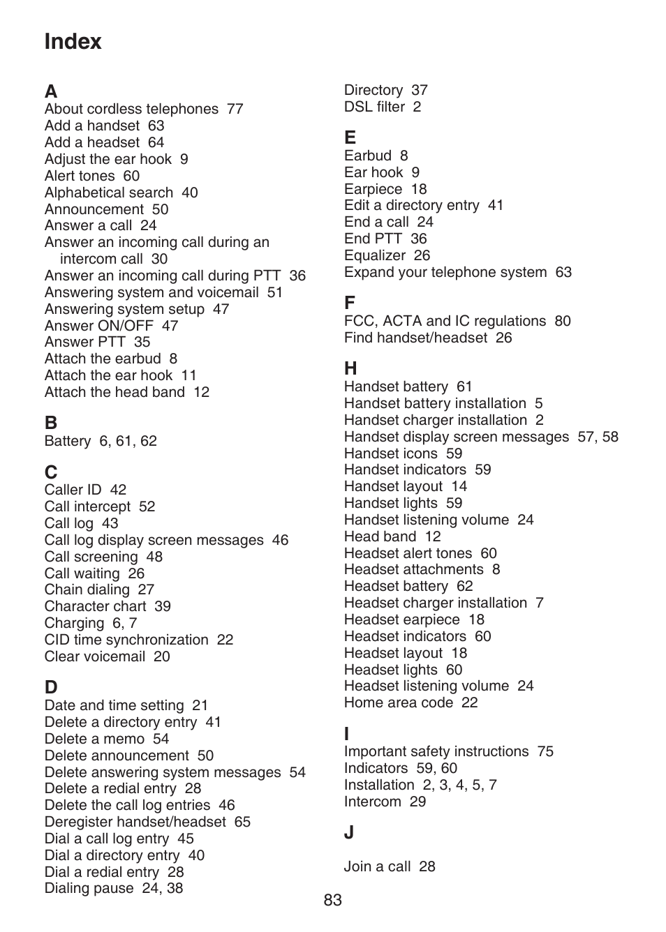 Index | VTech LS6375-3 Manual User Manual | Page 87 / 89