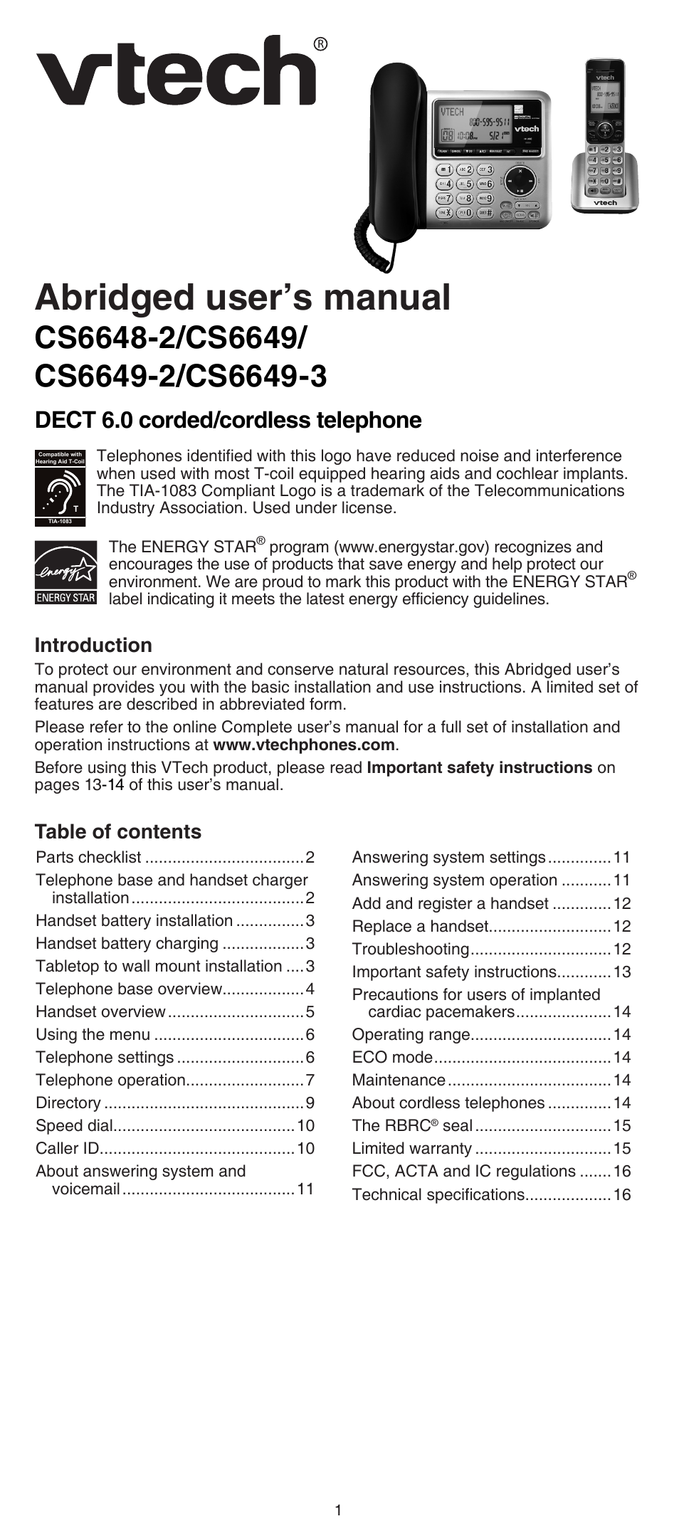 VTech CS6649_-2-3 Abridged manual User Manual | 16 pages