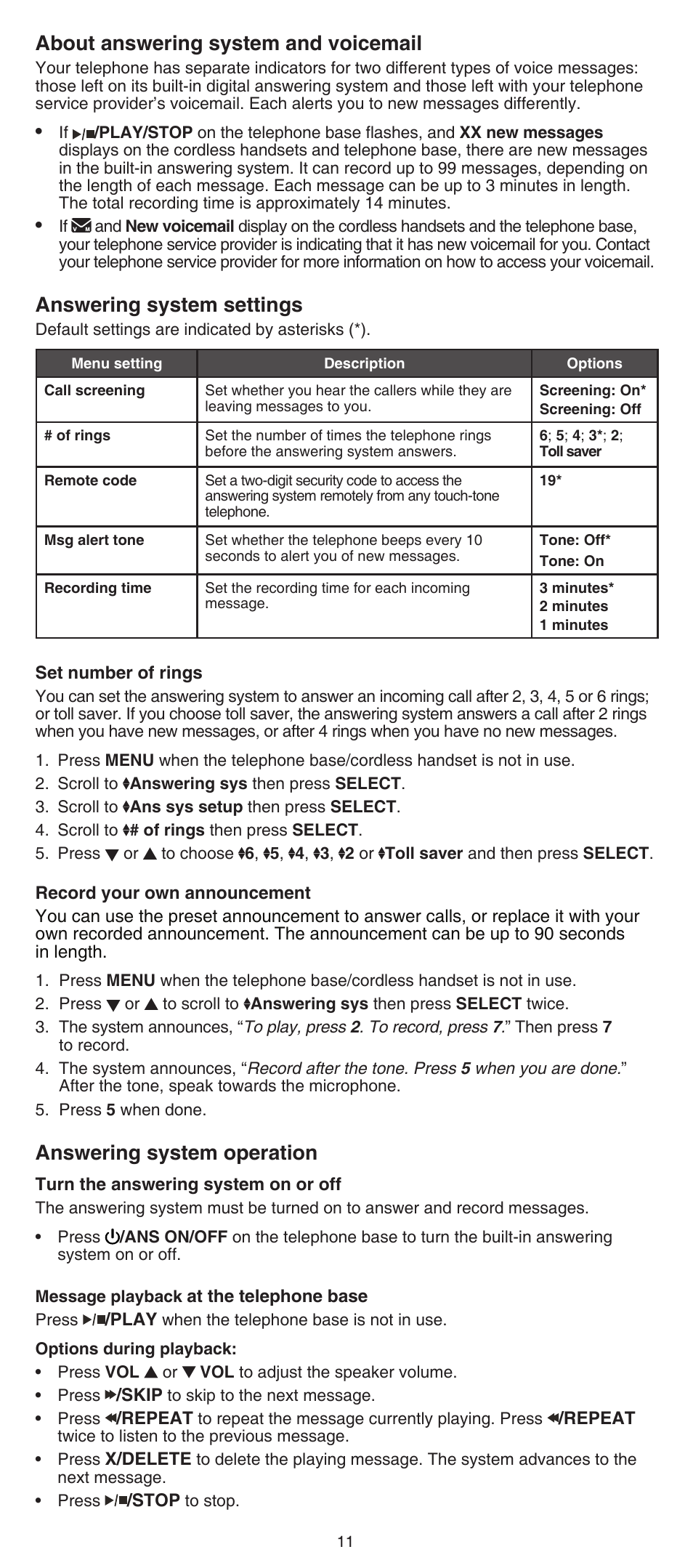 About answering system and voicemail, Answering system settings, Answering system operation | About answering system and, Voicemail | VTech CS6649_-2-3 Abridged manual User Manual | Page 11 / 16