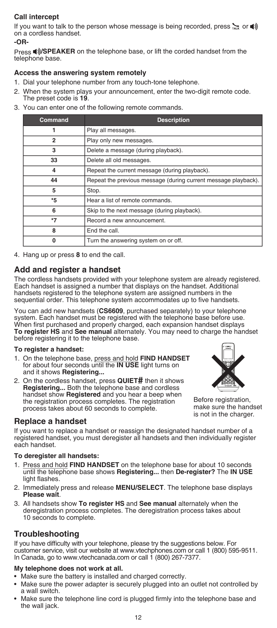 Add and register a handset, Replace a handset, Troubleshooting | VTech CS6649_-2-3 Abridged manual User Manual | Page 12 / 16