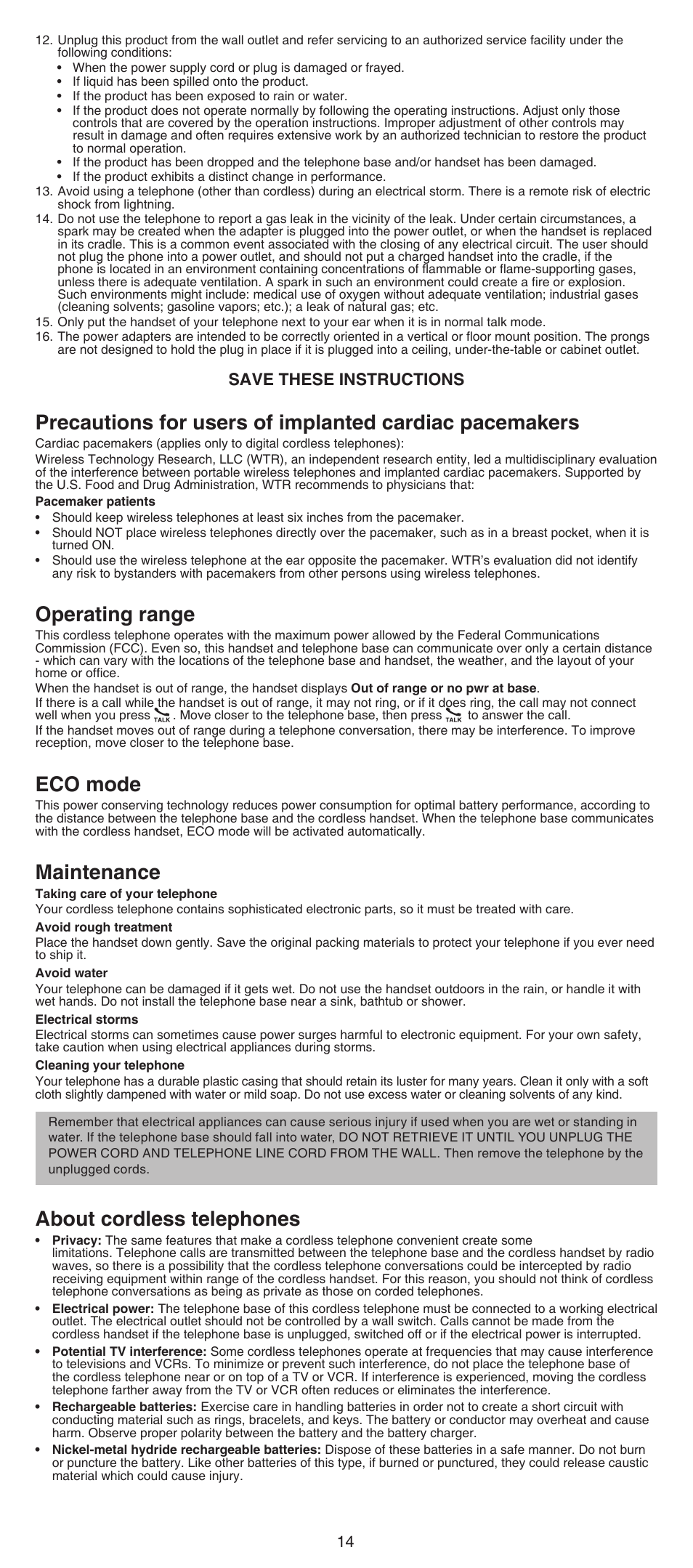 Operating range, Eco mode, Maintenance | About cordless telephones, Precautions for users of implanted, Cardiac pacemakers .....................4, Perating range, Ec� mode, Sa�e these instructi�ns | VTech CS6649_-2-3 Abridged manual User Manual | Page 14 / 16