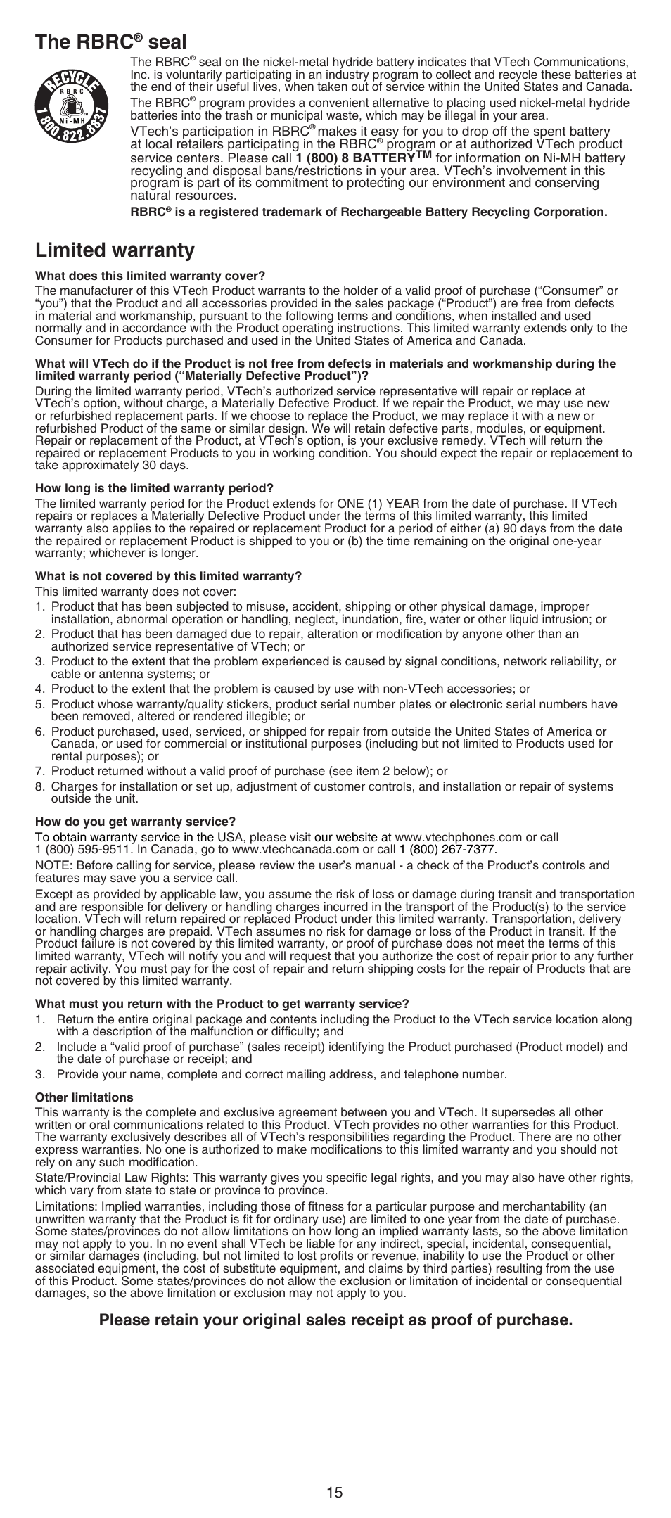 The rbrc® seal, Limited warranty, The rbrc | Seal ..............................5, Limited warranty ..............................5, Seal | VTech CS6649_-2-3 Abridged manual User Manual | Page 15 / 16