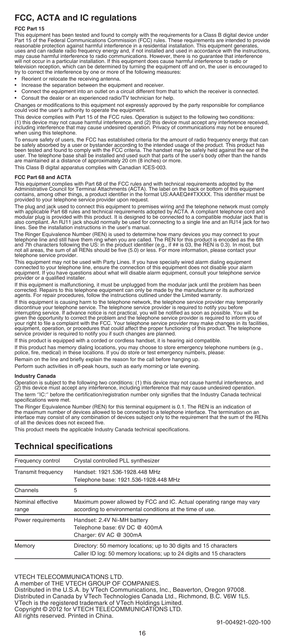 Fcc, acta and ic regulations, Technical specifications | VTech CS6649_-2-3 Abridged manual User Manual | Page 16 / 16