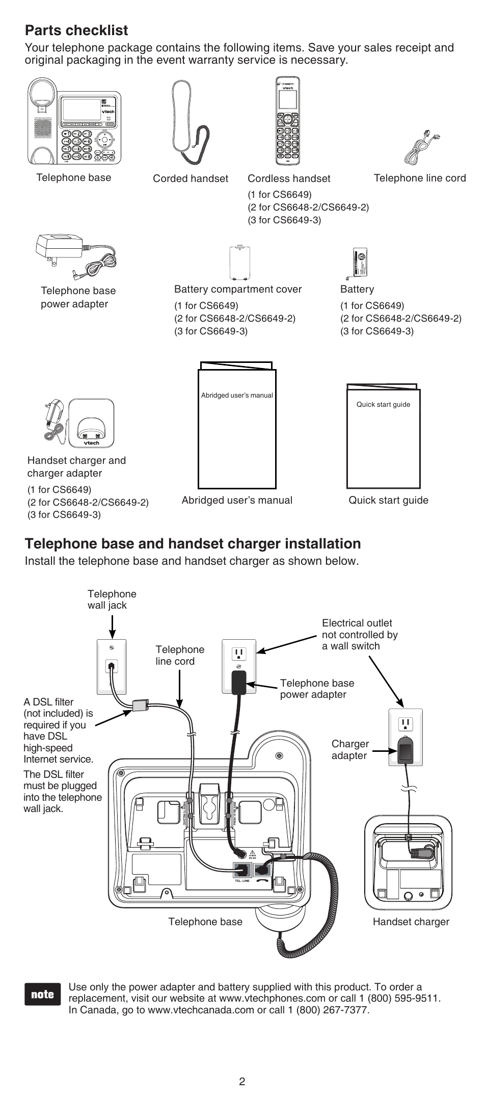 Parts checklist, Telephone base and handset charger installation, Parts checklist telephone base and handset charger | Installation | VTech CS6649_-2-3 Abridged manual User Manual | Page 2 / 16