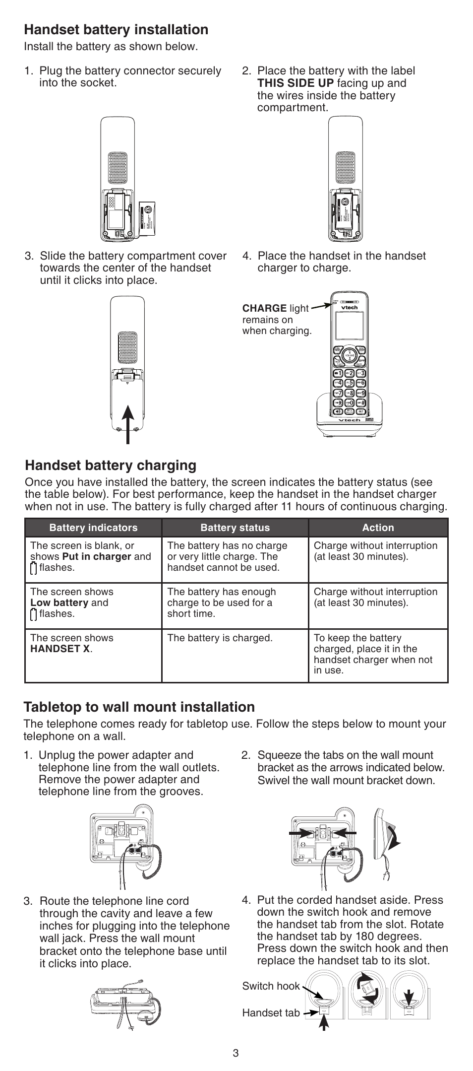 Handset battery installation, Handset battery charging, Tabletop to wall mount installation | VTech CS6649_-2-3 Abridged manual User Manual | Page 3 / 16