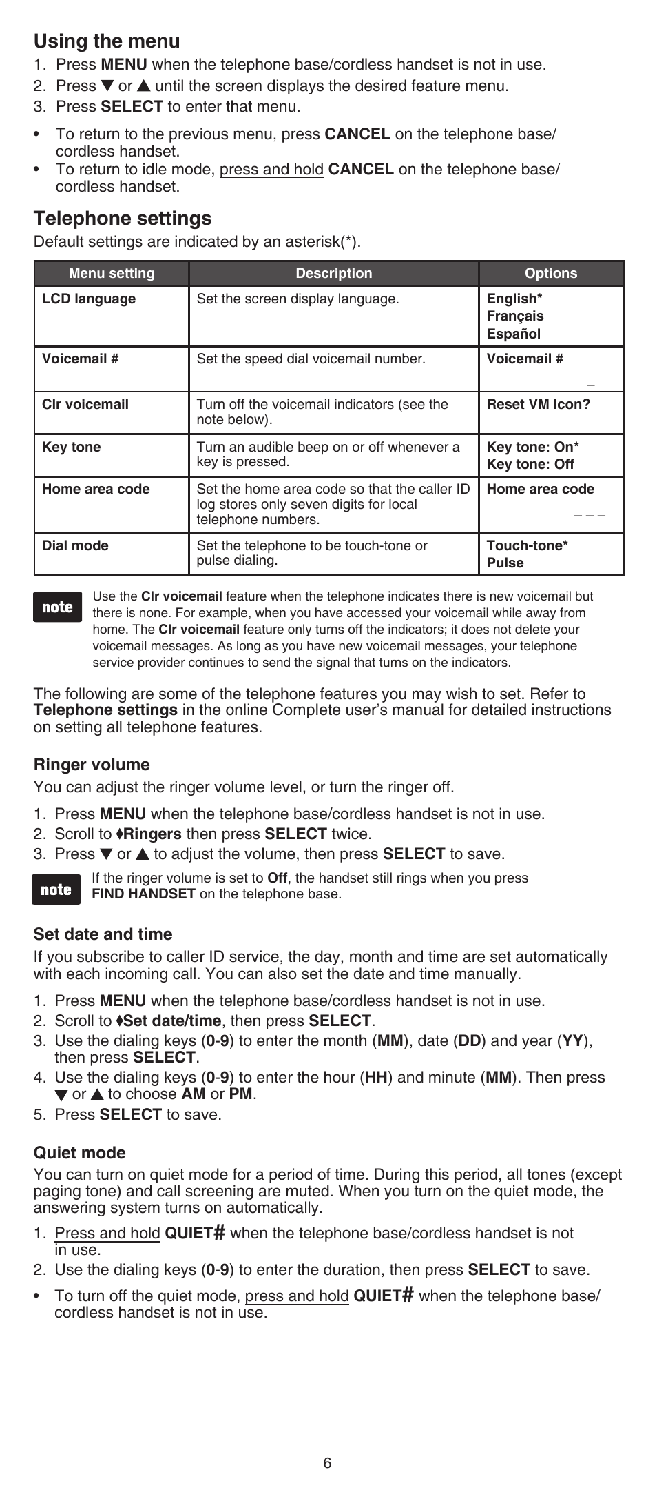 Using the menu, Telephone settings, Using the menu telephone settings | VTech CS6649_-2-3 Abridged manual User Manual | Page 6 / 16