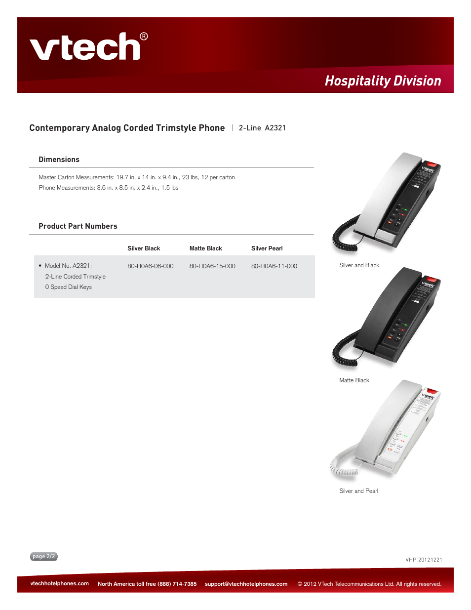 Key features, Contemporary analog corded trimstyle phone | VTech A2321 Spec Sheets User Manual | Page 2 / 2