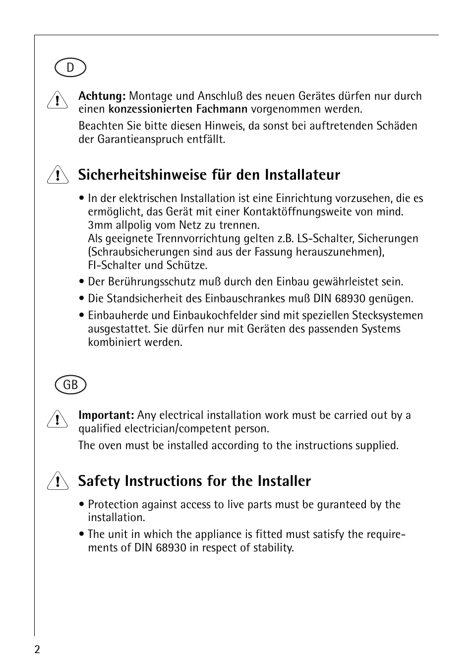 Sicherheitshinweise für den installateur, Safety instructions for the installer | AEG E 33002 - 1 -DEUROLINE User Manual | Page 2 / 14