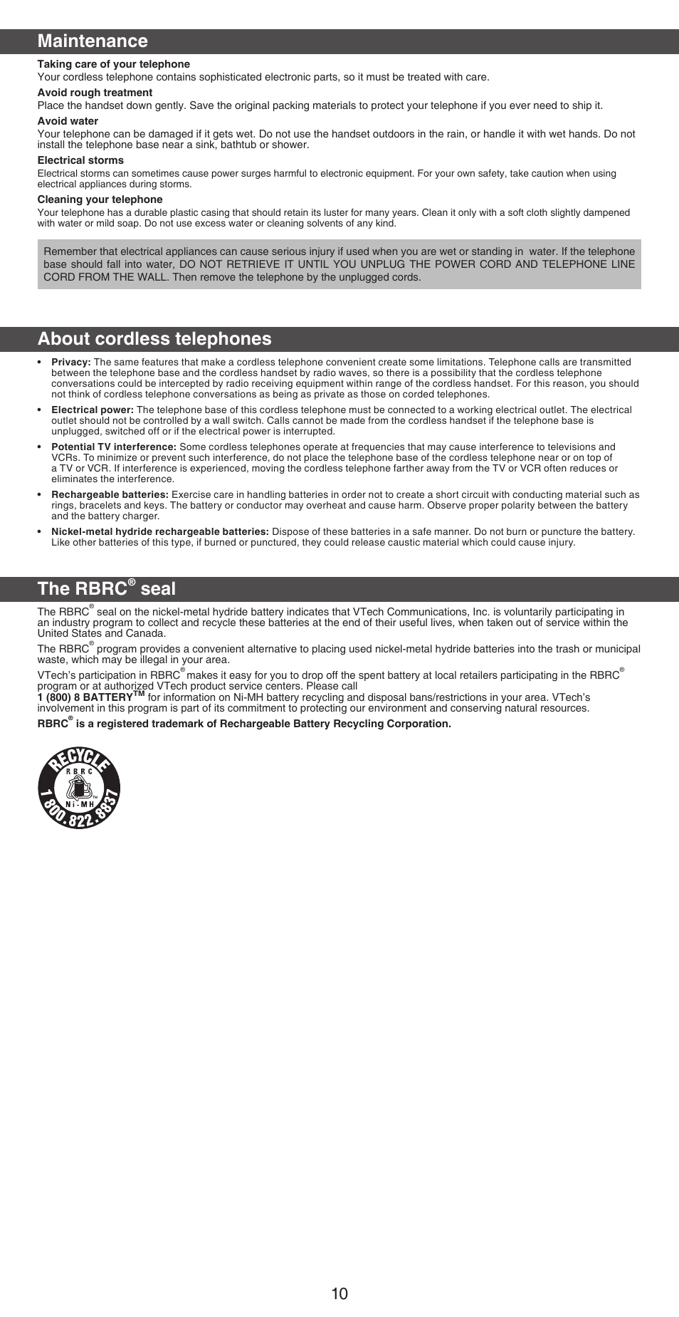 Maintenance, About cordless telephones, The rbrc | Seal | VTech CS6719-2 Abridged manual User Manual | Page 10 / 12