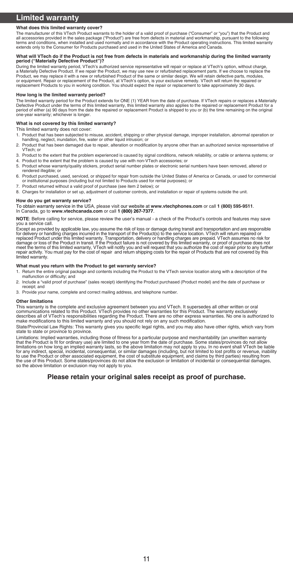 Limited warranty | VTech CS6719-2 Abridged manual User Manual | Page 11 / 12