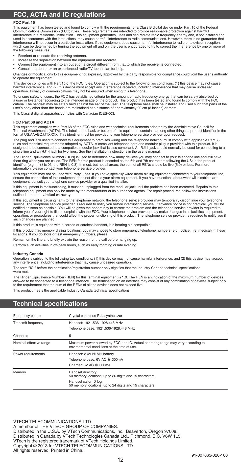 Fcc, acta and ic regulations, Technical specifications | VTech CS6719-2 Abridged manual User Manual | Page 12 / 12